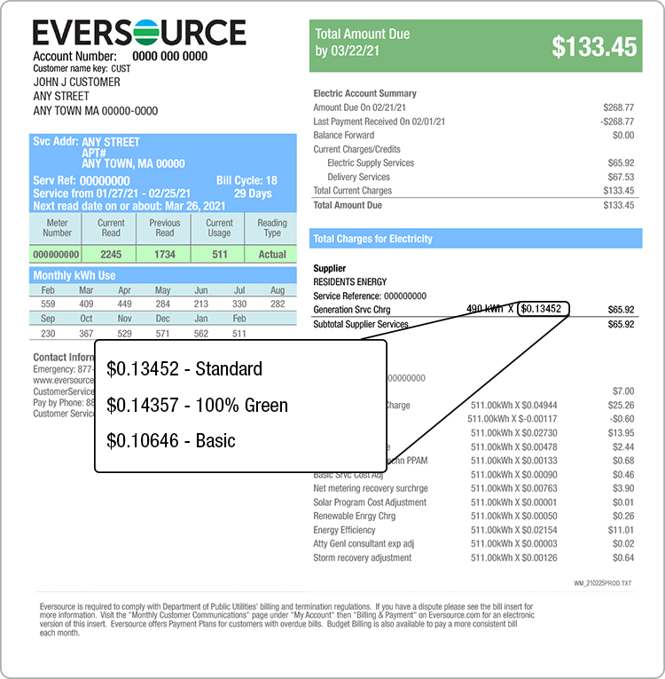 Page 2 of Eversource bill showing the generation service charge 