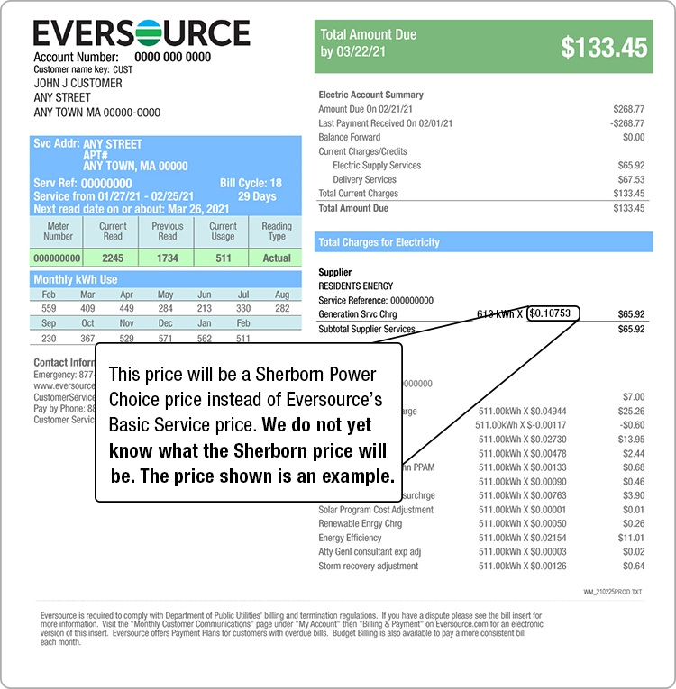The Generation Service Charge price will be a Sherborn Power Choice price instead of Eversource's Basic Service price. We do not yet know what the Sherborn price will be.