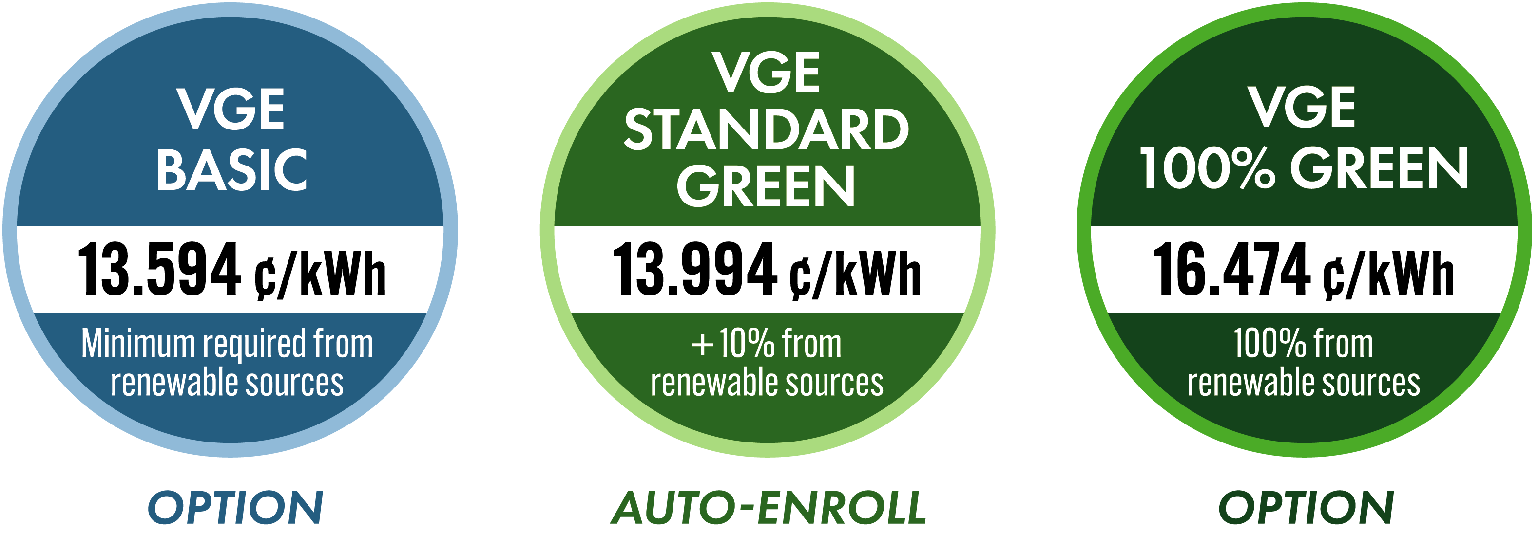 Graphic showing three options, their renewable energy content, and their prices.