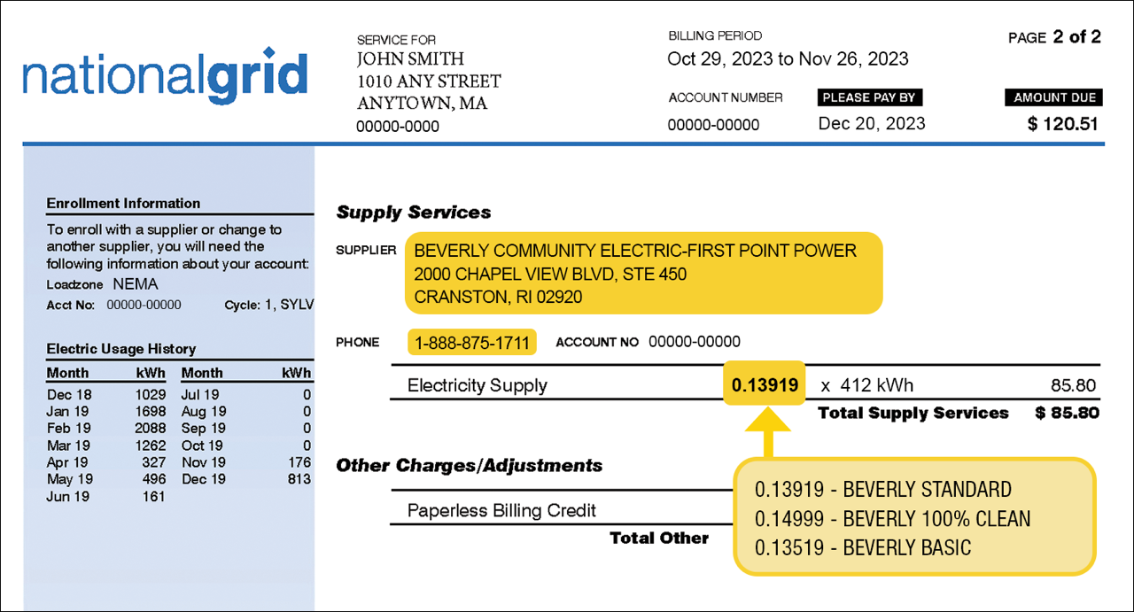 National Grid bill example illustrating where to find the supplier contact information and your supply price. Supply services typically appear on the bottom of the first page or on the top of the second page.