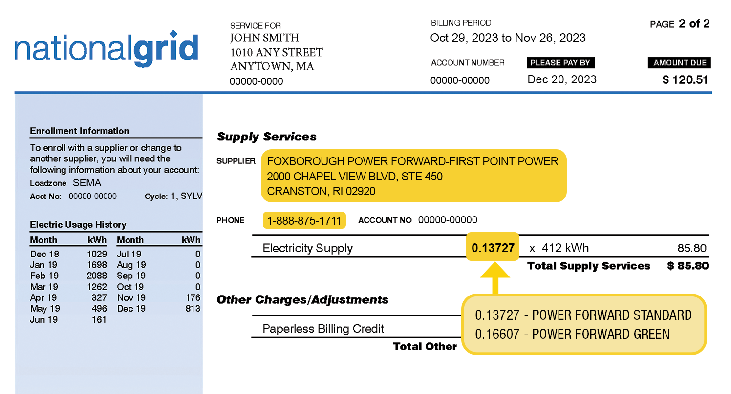 National Grid bill example illustrating where to find the supplier contact information and your supply price. Supply services typically appear on the bottom of the first page or on the top of the second page.