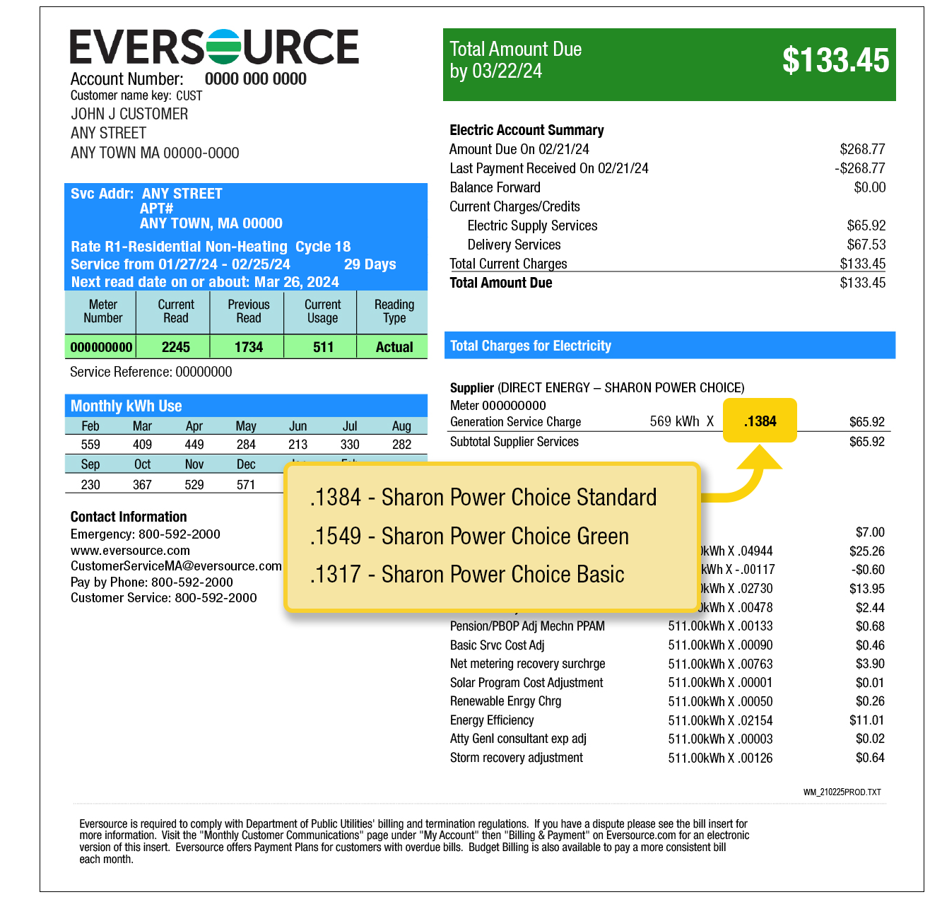 Page 2 Eversource bill example illustrating where to find your supply price. Your supply price is found under Total Charges for Electricity and over your delivery charges.