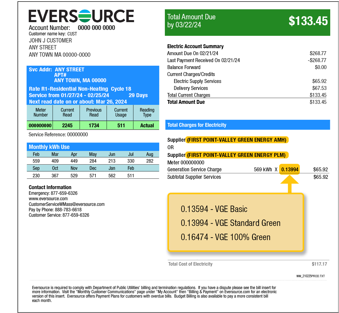 Page 2 Eversource bill example illustrating where to find your supply price. Your supply price is found under Total Charges for Electricity and over your delivery charges.